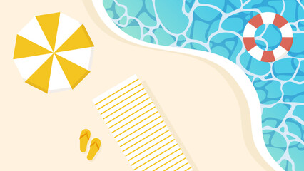 夏の海のイラスト　砂浜　ビーチパラソル　うきわ © kona Graphics