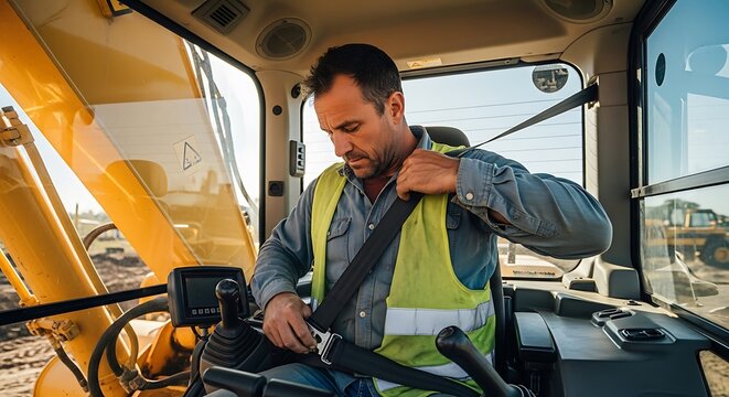 Construction worker fastening seatbelt inside heavy machinery vehicle.