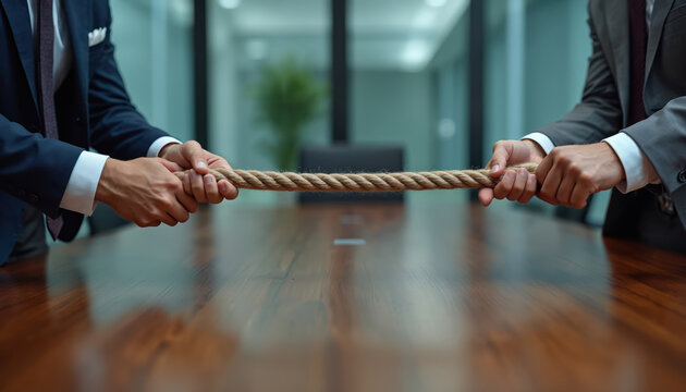 Two businessmen in suits pull rope across table. Corporate battle for control, showing business rivalry and power struggle. Intense competition for market share or company direction.