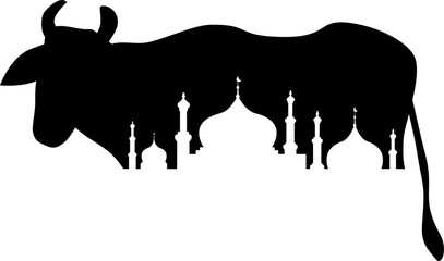 Indian Cultural Cow Silhouette with Temple and Minaret Skyline © ftb_desain