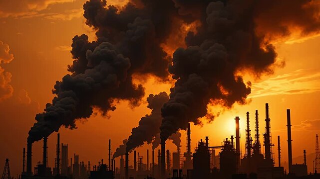 industrial smokestacks at sunset with thick smoke plumes