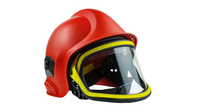 Red firefighter helmet with yellow trim and clear visor, isolated on transparent background