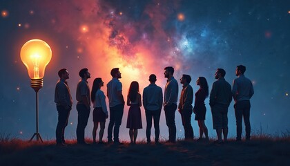 Fototapeta premium Group of diverse people silhouetted against a vibrant nebula sky with a large glowing light bulb. They stand together watching the cosmos, symbolizing shared dreams and collective innovation.
