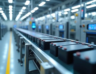 Fototapeta premium Automated battery production line with conveyor belt. Modern factory assembly process for energy storage components. Efficient manufacturing equipment, robotics, and futuristic technology.