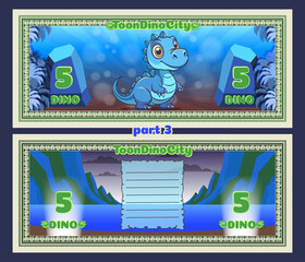 Vector cartoon colored beautiful game banknotes, coupons or flyers. Obverse and reverse. Cute little smiling baby toon dinosaur rex or blue dragon. Denomination five dino. 5. Stones mountains. Part 3 © GAlexS