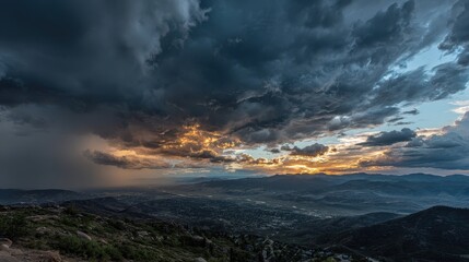 Obraz premium Dramatic Sunset Sky Over Cityscape with Approaching Storm Clouds and Distant City Lights