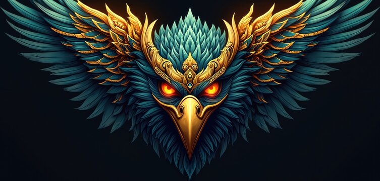 Mythical bird head with ornate golden crown and teal feathers, glowing orange eyes, tribal ornamental design elements. Fierce eagle symbol in fantasy art style.