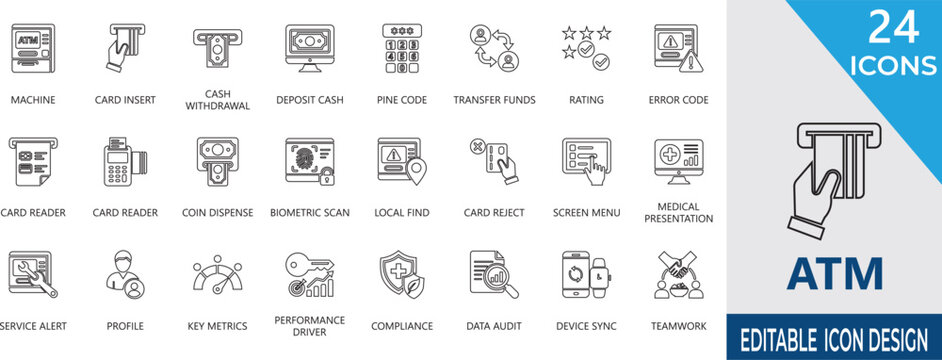 Automated teller machines editable line icon set .  Cash Withdrawal, teamwork, finance, payment, currency,  crypto, and more icon.