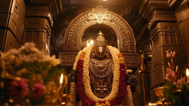 Deity of Lord Venkateshwara in a sacred temple decorated with flowers and intricate carvings during a religious ceremony