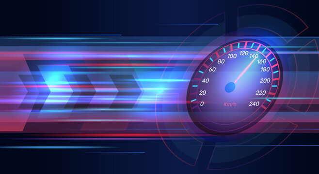 Speedometer background. Glowing dial with arrow and measuring scale, futuristic design, car velocity tablo, futuristic dashboard, neon technology banner design, qualitative vector concept