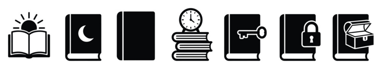 Fototapeta premium Collection of bookthemed black and white icons symbolizing knowledge, learning, secrets, time, and discovery, perfect for educational materials, literary blogs, and publishing concepts.