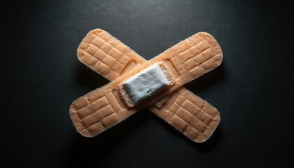 Naklejka na ściany i meble Two adhesive bandages in X formation on dark background. Medical plaster for wound care. First aid supplies for cuts and scrapes. Needs healing, recovery. Simple, clean design.