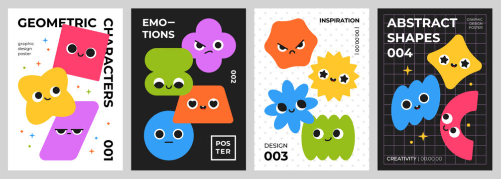 Funny geometric characters cards. Abstract simple shapes design, cute mascots with smiling faces, bright different forms, playful design templates, creative poster or print classy vector set