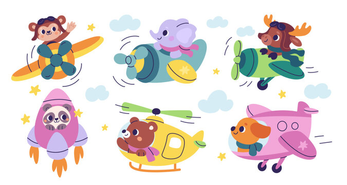 Funny animals in toy air transport. Cute elephant, monkey, moose and panda fly with helicopter, rocket adventure, planes, fauna characters aviation travel garish vector cartoon isolated set