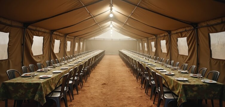 Long tables set with plates and glasses inside a large tent. Rows of chairs line the dining area. Military style camouflage covers the tables. Simple lights hang from the tent ceiling.
