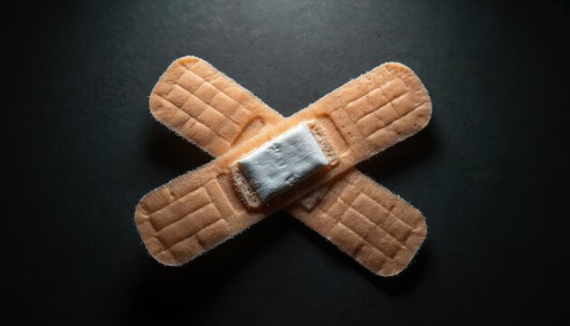 Two adhesive bandages in X formation on dark background. Medical plaster for wound care. First aid supplies for cuts and scrapes. Needs healing, recovery. Simple, clean design.