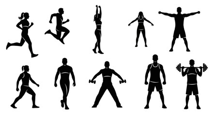 Fototapeta premium Silhouette illustration showcasing a diverse group of people in various health and wellness activities, including running and weightlifting, set against a clean white background