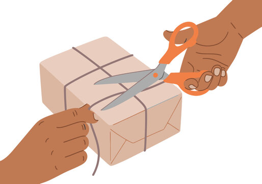 A diverse pair cuts open a gift box with scissors. A warm, inviting scene showcasing the joy of gifting. Clear, bright, and commercially viable.