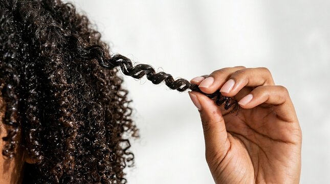 Close-up of a hand gently separating and examining textured, coily dark hair against a neutral backdrop.