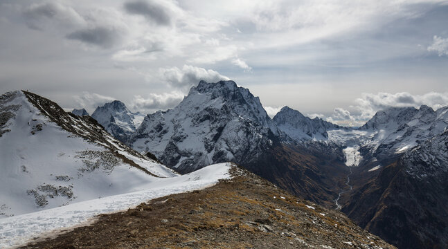 View of Caucasus mountains in Dombay