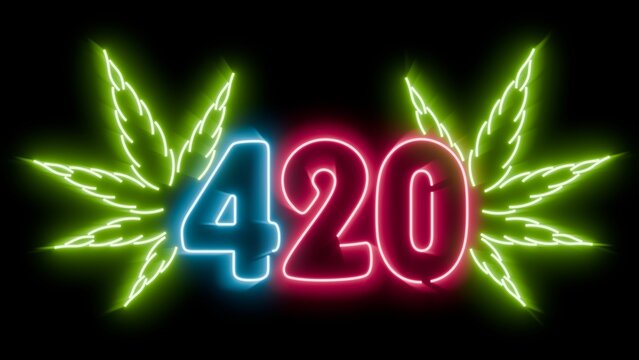 420 vibrant glowing neon sign on black background for easy blending