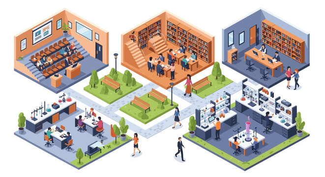 Isometric vector art shows students and faculty in a university building classroom and laboratory setting, with a bright and modern design and a focus on collaboration and learning