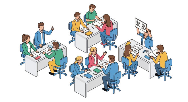 Isometric vector illustration showing college students in a laboratory room collaborating at desks with a bright, clean design, creating a vibrant and engaging learning environment