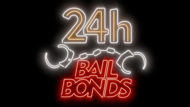 24h bail bonds vibrant glowing neon sign on black background for easy blending