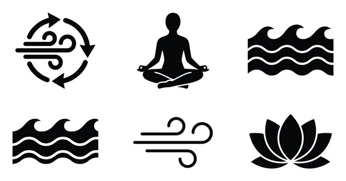 Holistic symbols representing air circulation, meditation, water waves, and a serene lotus flower for wellbeing, nature, and spiritual concepts