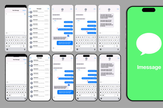 iMessage iOS 26 mockup on iPhone 17 Pro Max showing chat bubbles, message reactions, voice notes, typing bar, contact icons, notifications, and modern Apple messaging interface vector illustration.