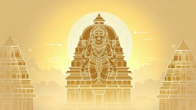 Elegant Digital Illustration of Lord Venkateshwara with Architectural Temple Elements and Radiant Aura