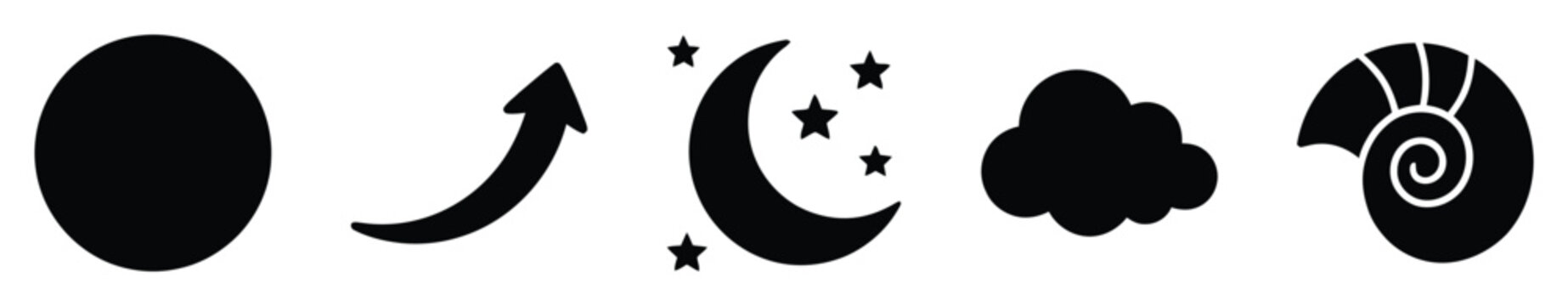 Minimalistic black silhouette icons featuring diverse abstract shapes like a full circle, upward curved arrow, moon and stars, fluffy cloud, and nautilus shell for various digital and print