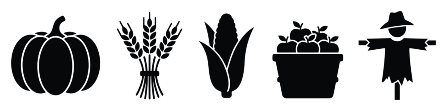 Autumn harvest symbols including a pumpkin wheat bundle corn cob bucket of apples and scarecrow representing seasonal farming themes and fall traditions for various graphic projects