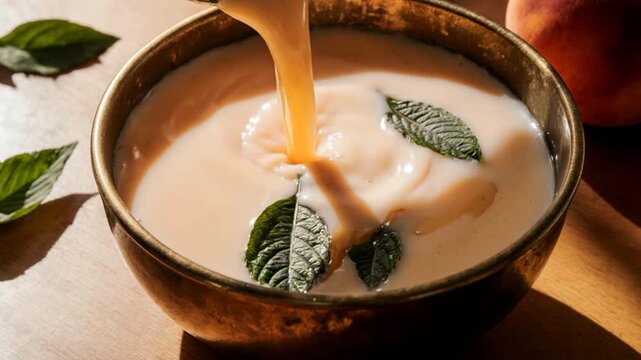Pouring traditional indian drink into a brass bowl. Creamy beverage with fresh mint leaves for Ram Navami festival. Authentic cultural refreshment