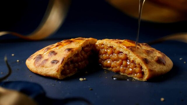 Honey pouring over a split Puran Poli on a dark background. Traditional Indian sweet flatbread for Gudi Padwa festival. Maharashtrian cuisine concept