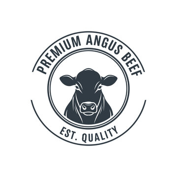 Premium Angus Beef Logo Stamp With Cow Head Emblem and Established Quality Badge.