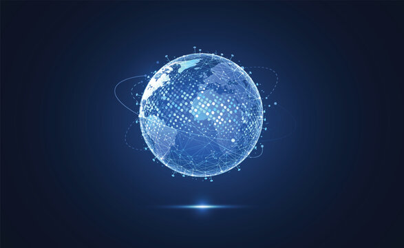 Global digital network connection concept with glowing blue earth globe and lines on dark blue background.