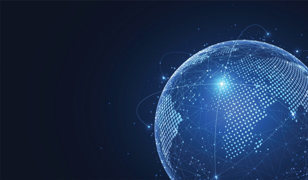 Global digital technology network connection concept with blue glowing globe and copy space.