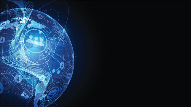 Global social network connection concept with blue earth globe and people icons on dark background.