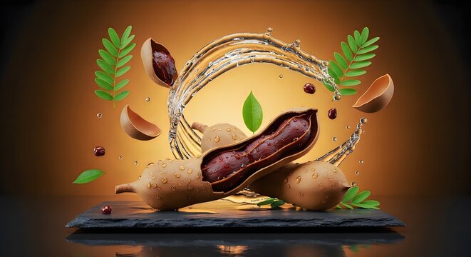 Exotic tamarind fruit, water splashing, with fresh green leaves.