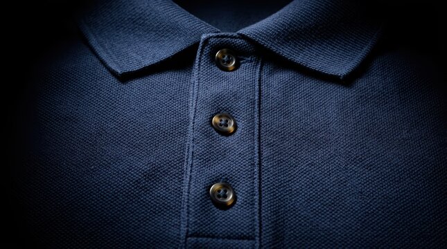 Navy blue pique polo shirt collar with three buttons on front placket.