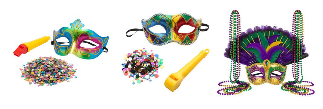 A vibrant collection of Mardi Gras masks and accessories on transparent background