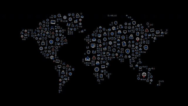 Animated abstract world map made of dots representing global data flow, connectivity, and digital networks. Ideal for cybersecurity, analytics, cloud computing, and technology presentations. 