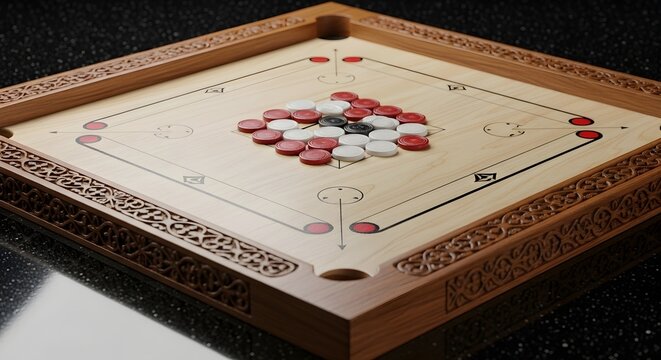 A beautifully crafted wooden carrom board game with red, black, and white playing pieces