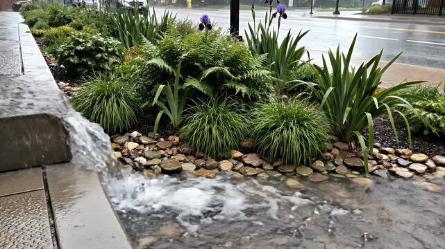 Rain Garden Collects Stormwater Runoff Beside Sidewalk with Lush Green Plants and Flowing Water on a Cloudy Day