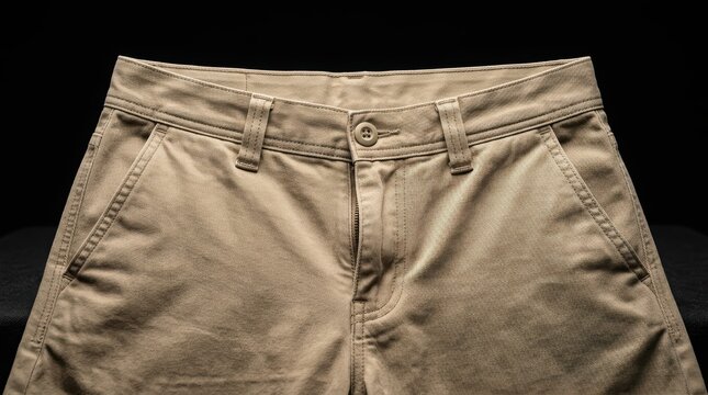 Beige chino trousers waist with button closure and belt loops detail.