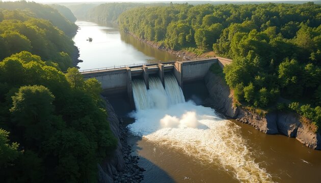 Aerial view of a large dam structure with water spilling over multiple spillways. Dense green forest surrounds the river valley. A small boat navigates the calm water upstream.