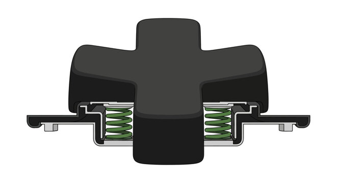 Cross-section view of a black D-pad button with internal springs.
