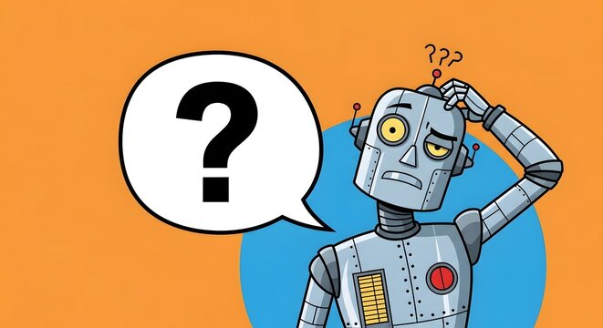 A puzzled blue robot scratches its head with multiple question marks above next to a speech bubble