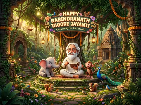 Rabindranath Tagore Jayanti Wishes Cute Puffy 3D Illustration &ndash; Indian Cultural Celebration Greeting Design
